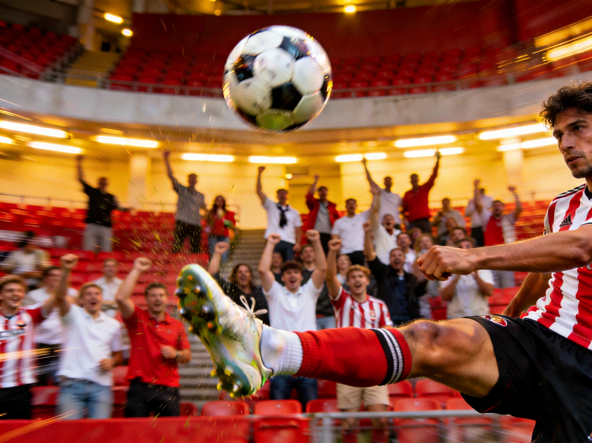 足球比赛精彩瞬间，球员射门，背景观众欢呼